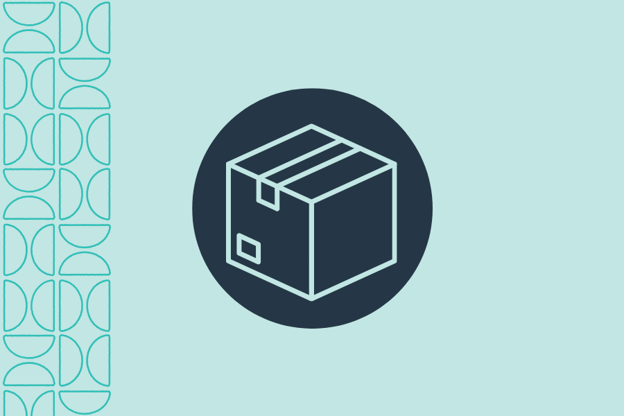 Line-art cardboard box icon inside a dark circle on a light teal background, symbolizing shipping and package delivery.