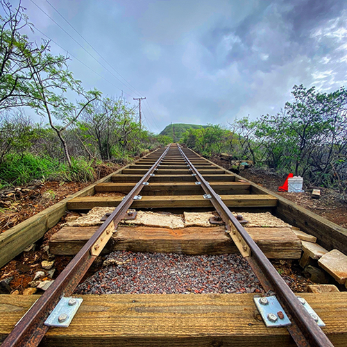 A view looking up a newly constructed trail stairway ascending a hillside, with metal rails centered between wooden steps and native vegetation on both sides. Dark clouds gather overhead, creating a dramatic backdrop as the trail leads toward the summit.