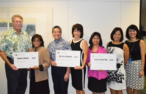 A group of six people stand indoors holding large donation checks for local nonprofit organizations, posing for a photo in front of a plain wall.