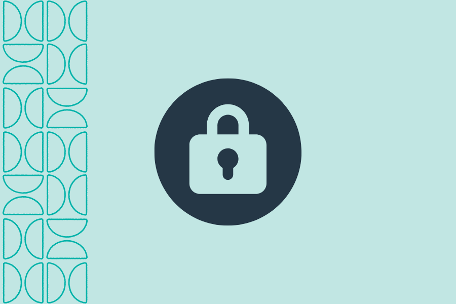 A simple graphic featuring a lock icon centered on a light teal background, symbolizing security, privacy, or data protection. A decorative geometric pattern runs vertically along the left side of the image.