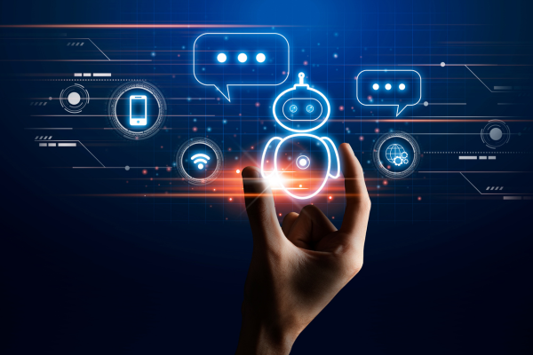 Illustration of a chatbot interface with connected icons for a smartphone, Wi-Fi, and internet, representing AI-powered digital assistance.