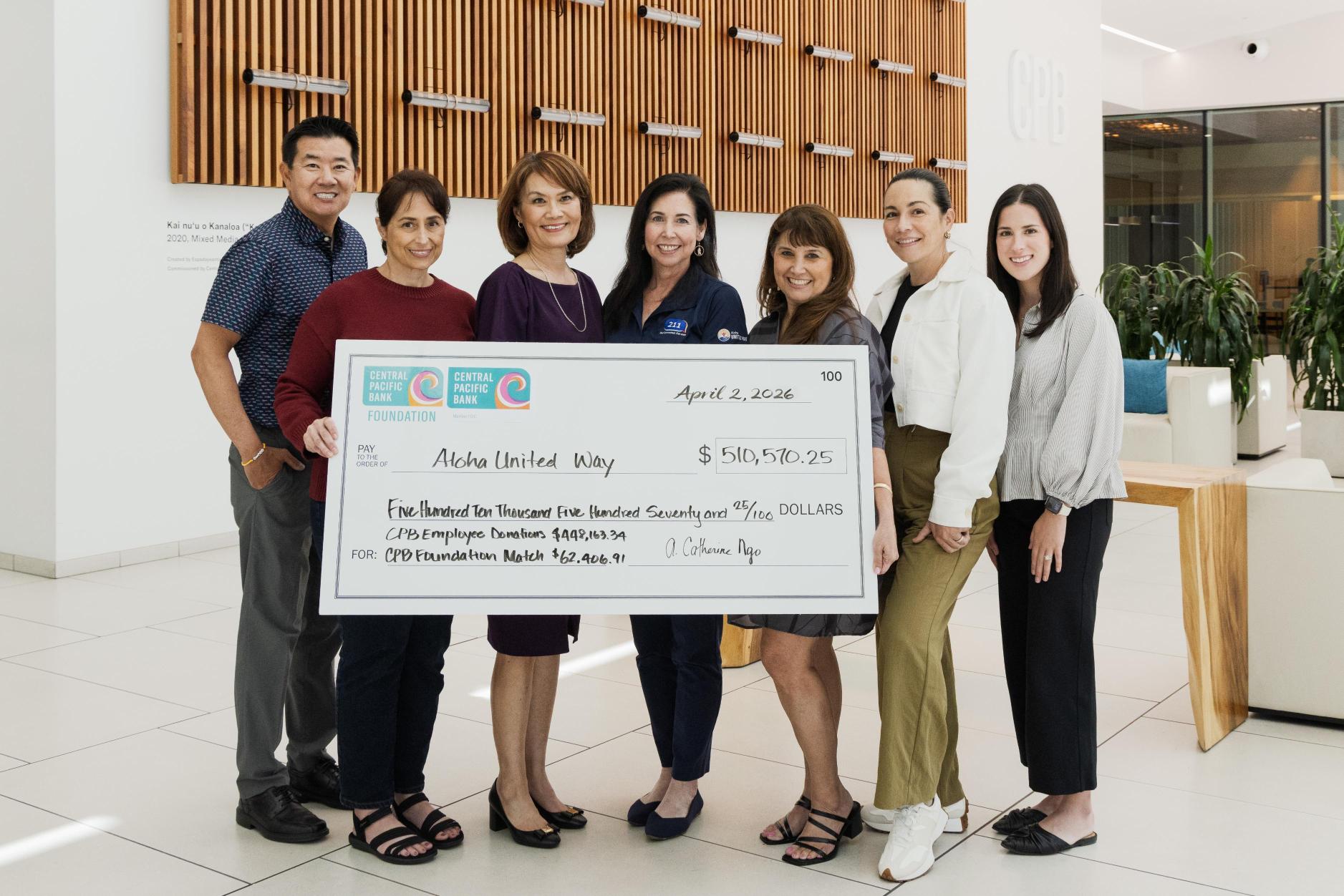 Central Pacific Bank Foundation and community partners present a ceremonial check for $510,570 to support Aloha United Way.