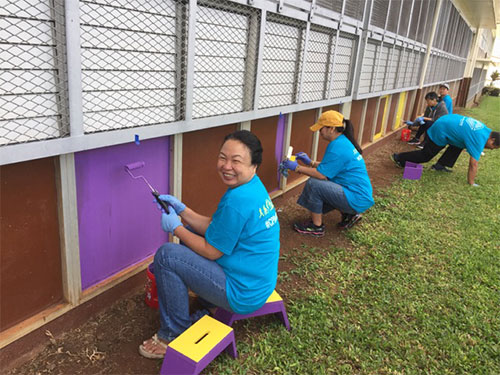 A group of volunteers wearing blue shirts paint colorful panels along the exterior wall of a building, working together on a community improvement project.