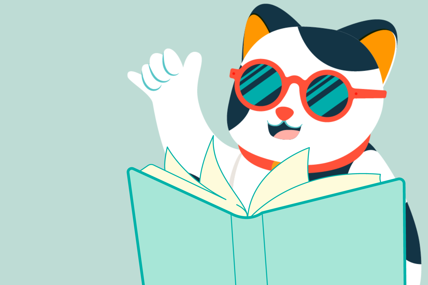 Illustrated shaka cat mascot wearing red sunglasses and a red collar, waving from behind an open book against a light teal background.