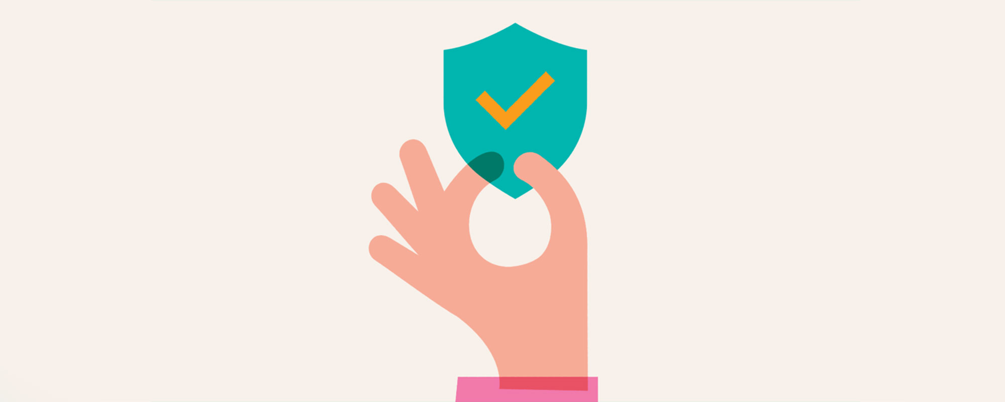 Illustration of a hand holding a shield with a checkmark.