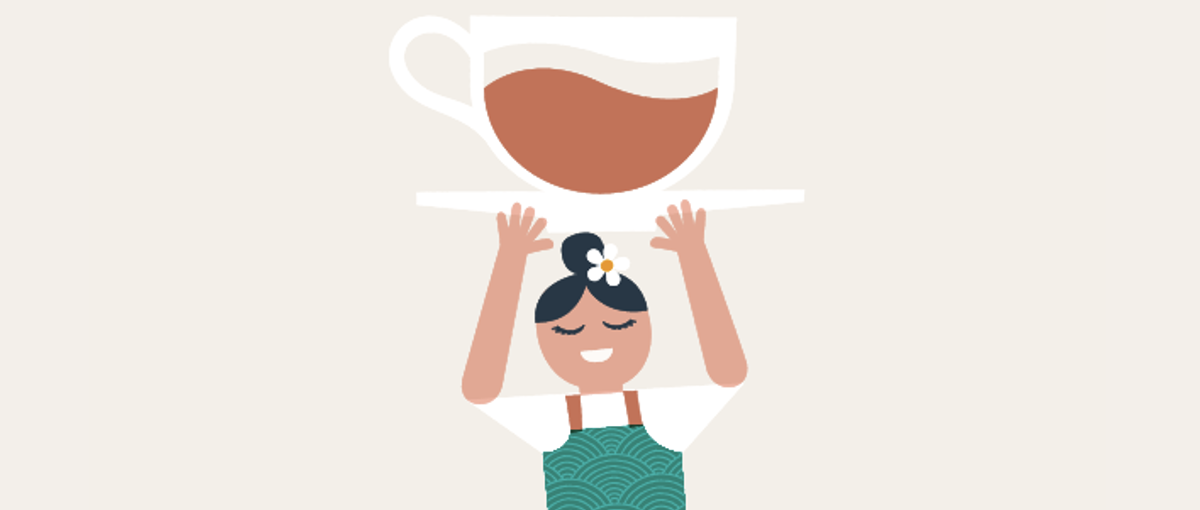 An illustration of a café server balancing a large cup on a tray overhead. The graphic uses simple shapes and muted colors, with a stylized uniform and a flower in the server's hair.