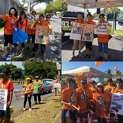 A collage of photos showing volunteers in orange shirts collecting donations and raising awareness at a roadside community fundraiser, holding signs, donation buckets, and informational posters.