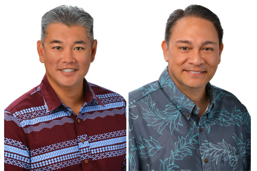 Two professional headshots displayed side by side against a light gray background. One person is wearing a maroon aloha shirt with traditional geometric patterns, and the other is wearing a gray aloha shirt with a blue tropical leaf design.