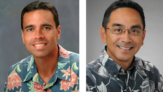 Two professional headshots displayed side by side, each showing a person wearing a patterned Hawaiian shirt against a gray studio background.