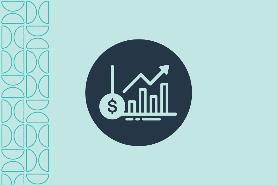 Line-art icon of a rising bar chart with an upward arrow and dollar symbol inside a dark circle on a light teal background.